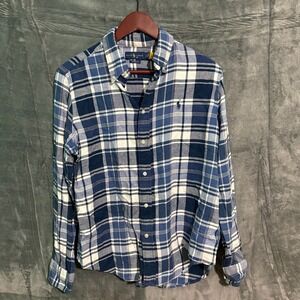 Ralph Lauren Flannel Mens Large Blue Long Sleeve Button Down Shirt Preppy